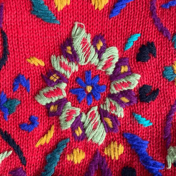 Vintage 90s Michael Simon Embroidered Cherry Red Artsy Knit Cardigan Sweater - Picture 10 of 12